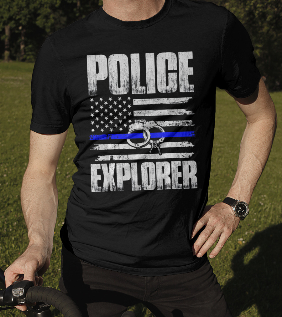 Police Explorer American Flag Handcuffs Thin Blue Line T-Shirt