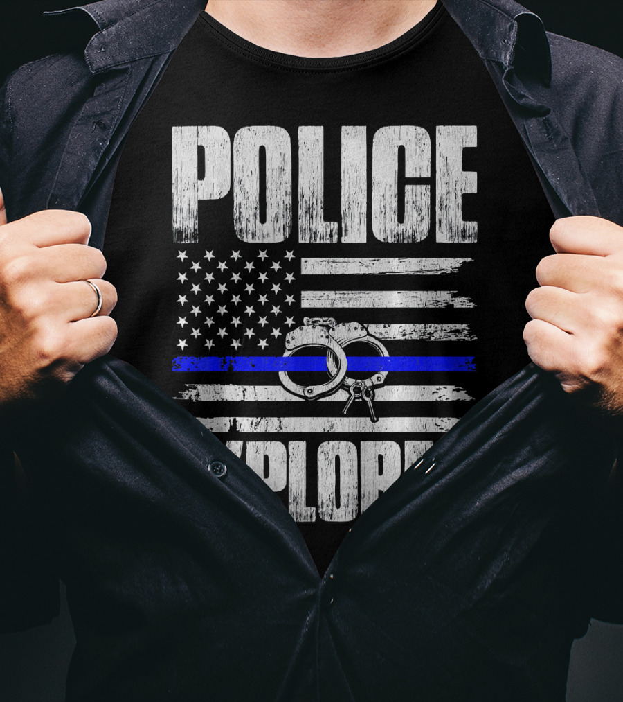 Police Explorer American Flag Handcuffs Thin Blue Line T-Shirt