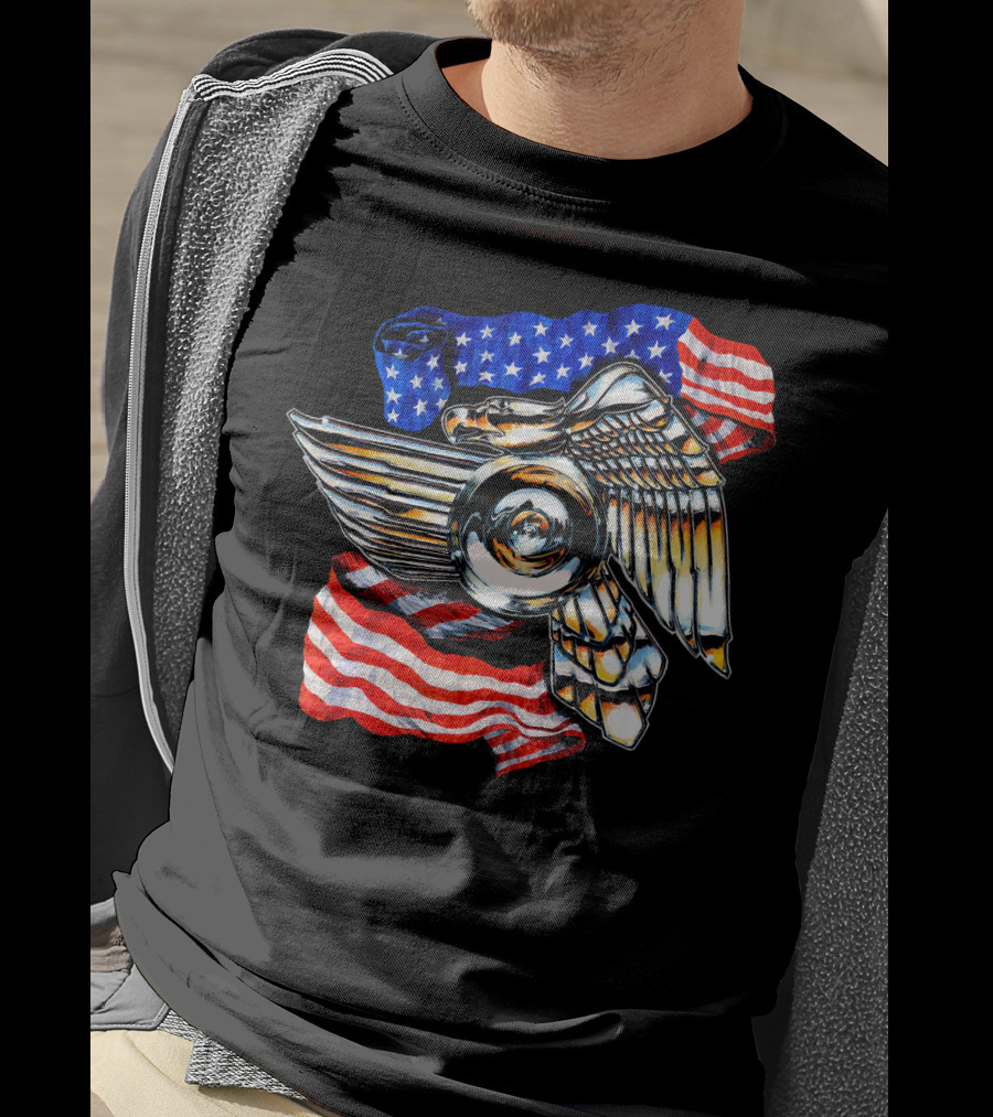 American Motorcycle Biker Eagle Emblem With Flag Wings T-Shirt