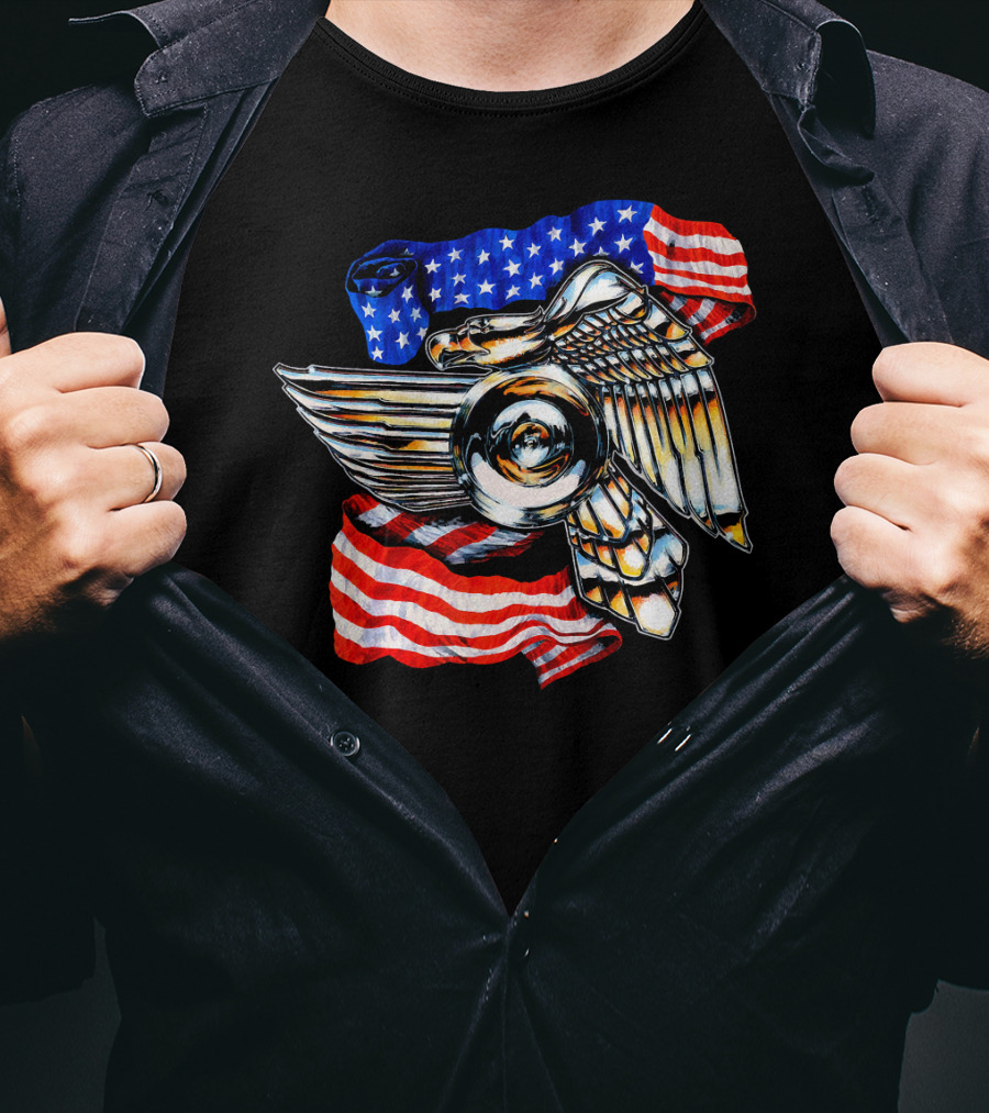 American Motorcycle Biker Eagle Emblem With Flag Wings T-Shirt