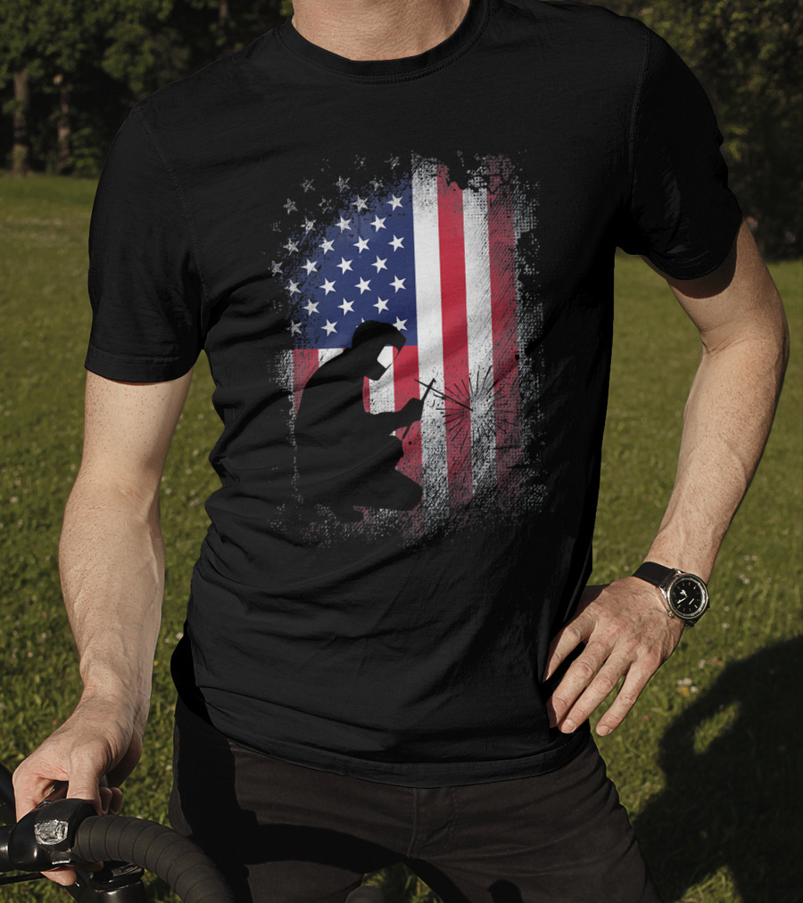 Welder Silhouette With American Flag USA Patriotic T-Shirt