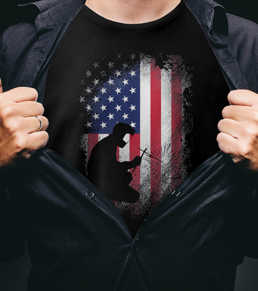 Welder Silhouette With American Flag USA Patriotic T-Shirt