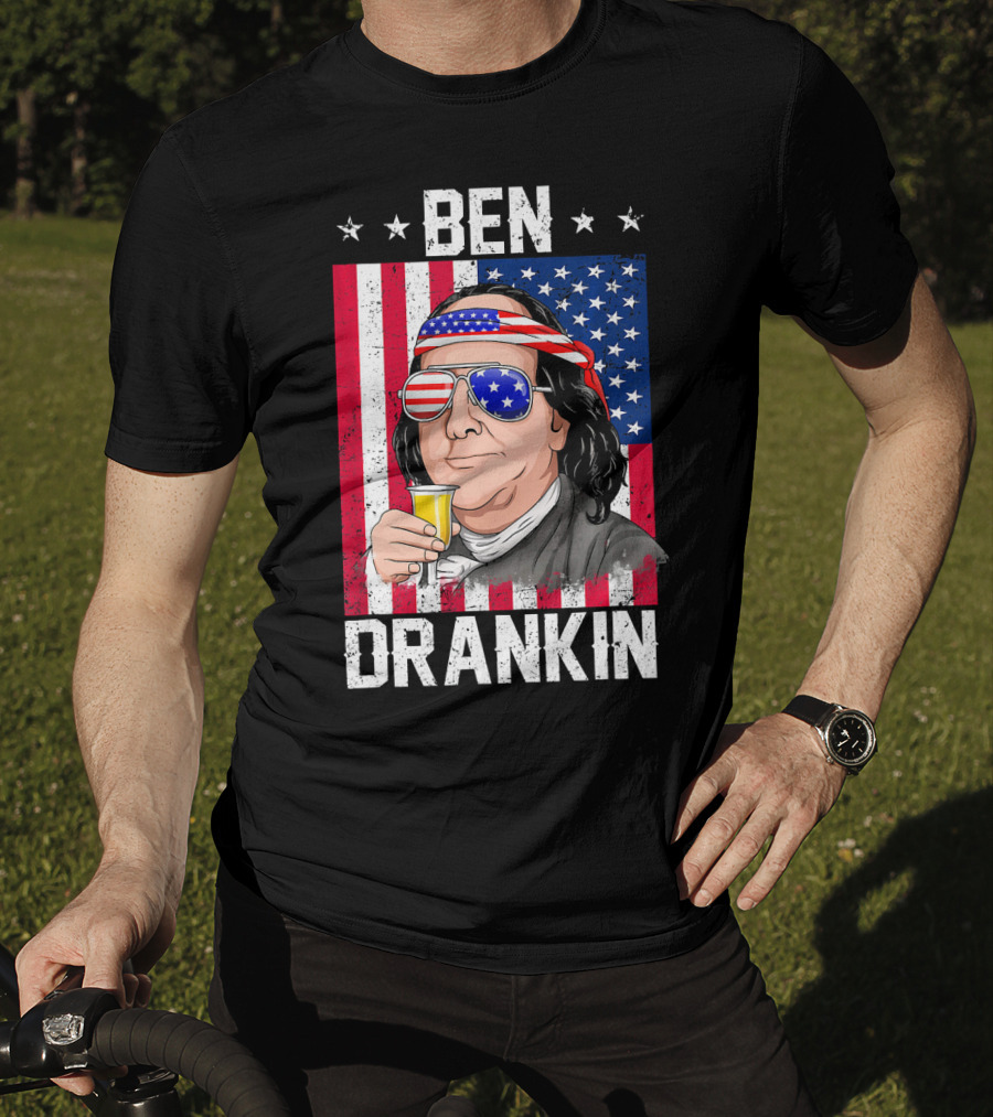 Ben Drankin American Flag Shades And Stars With Beer T-Shirt
