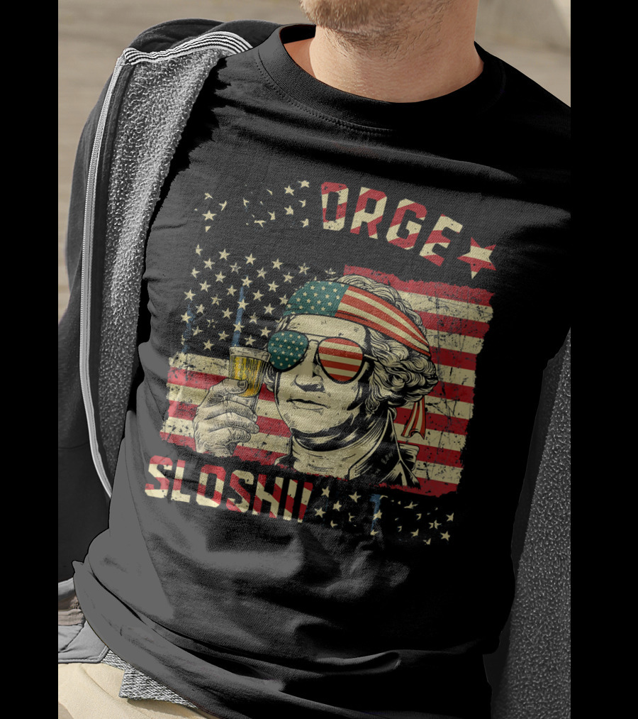 George Sloshington American Flag Aviator With Beer And Headband T-Shirt