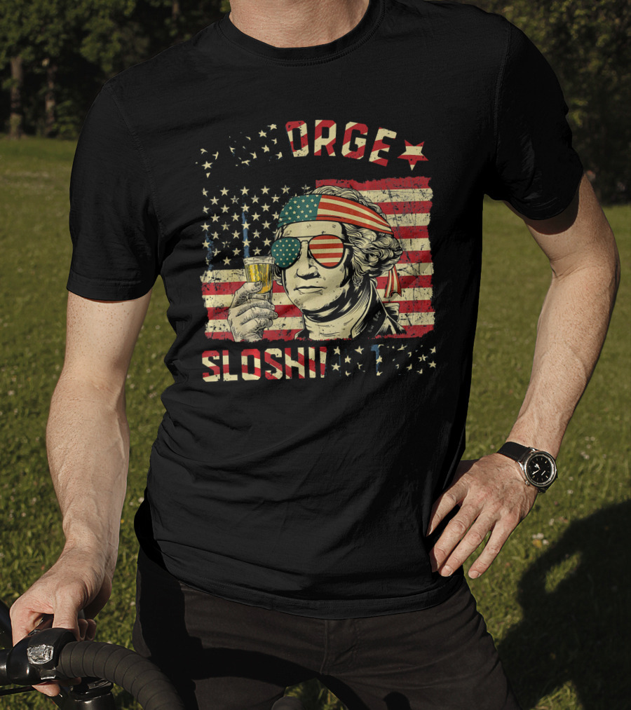 George Sloshington American Flag Aviator With Beer And Headband T-Shirt