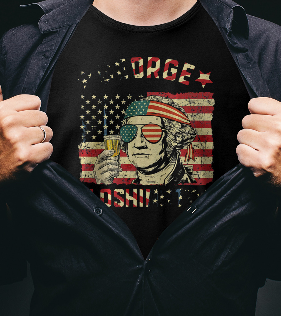 George Sloshington American Flag Aviator With Beer And Headband T-Shirt