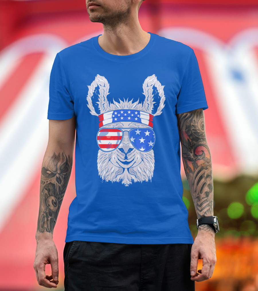 Patriotic Llama with American Flag Sunglasses and Headband for USA Independence Day T-Shirt