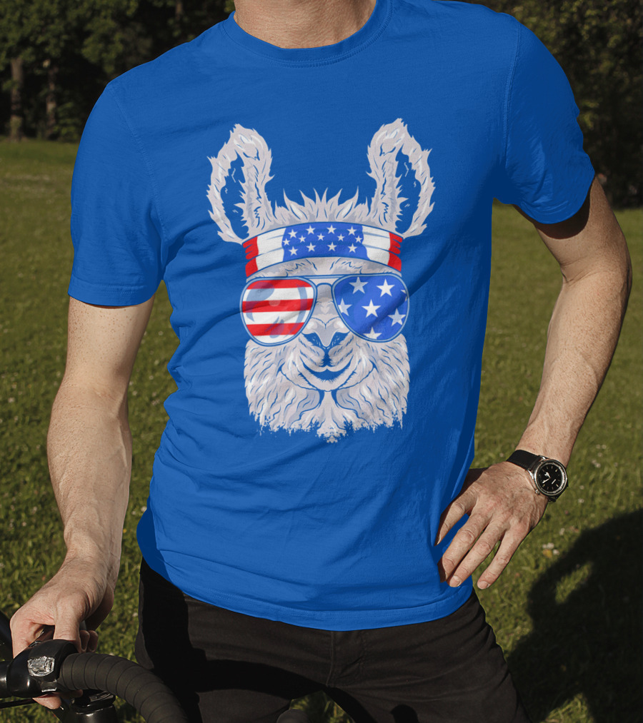 Patriotic Llama With American Flag Sunglasses And Headband For USA Independence Day T-Shirt
