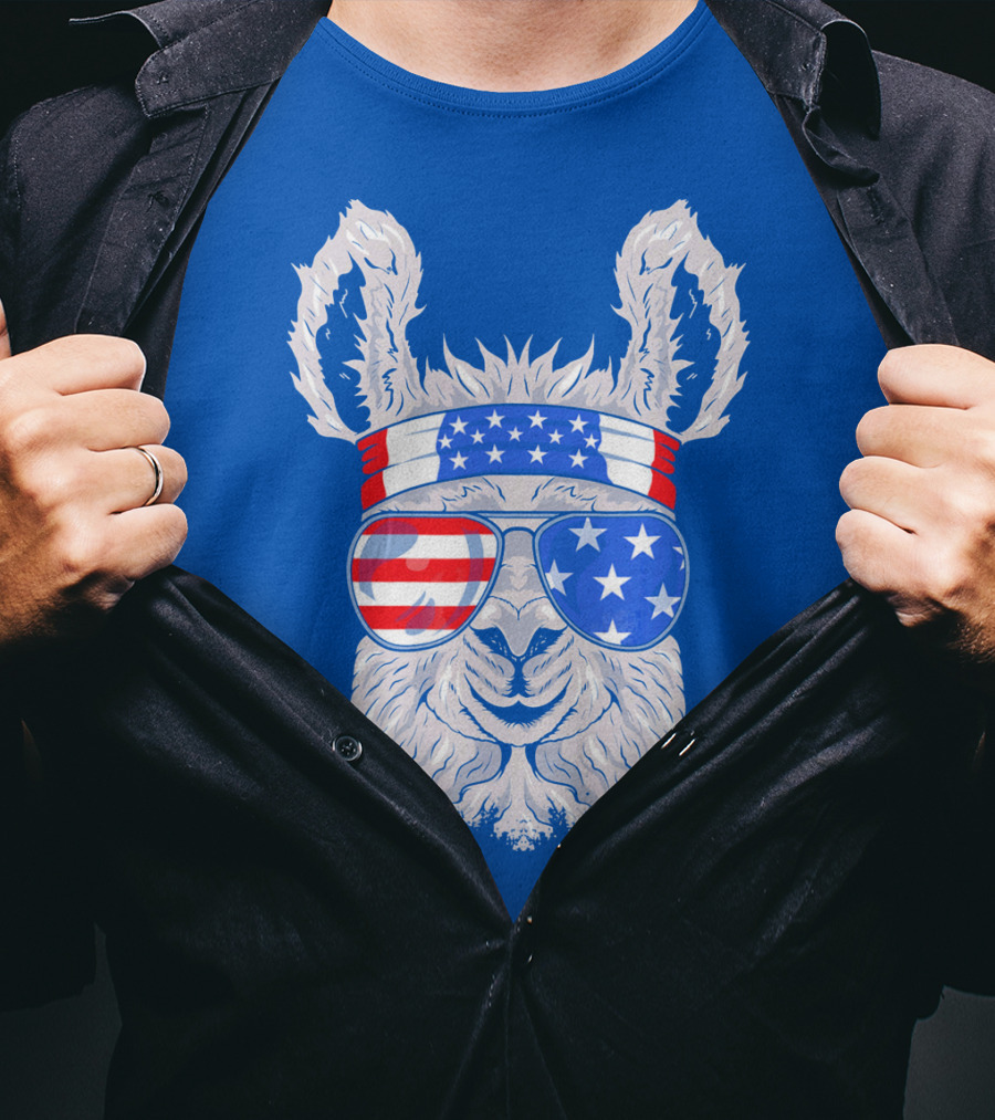 Patriotic Llama With American Flag Sunglasses And Headband For USA Independence Day T-Shirt