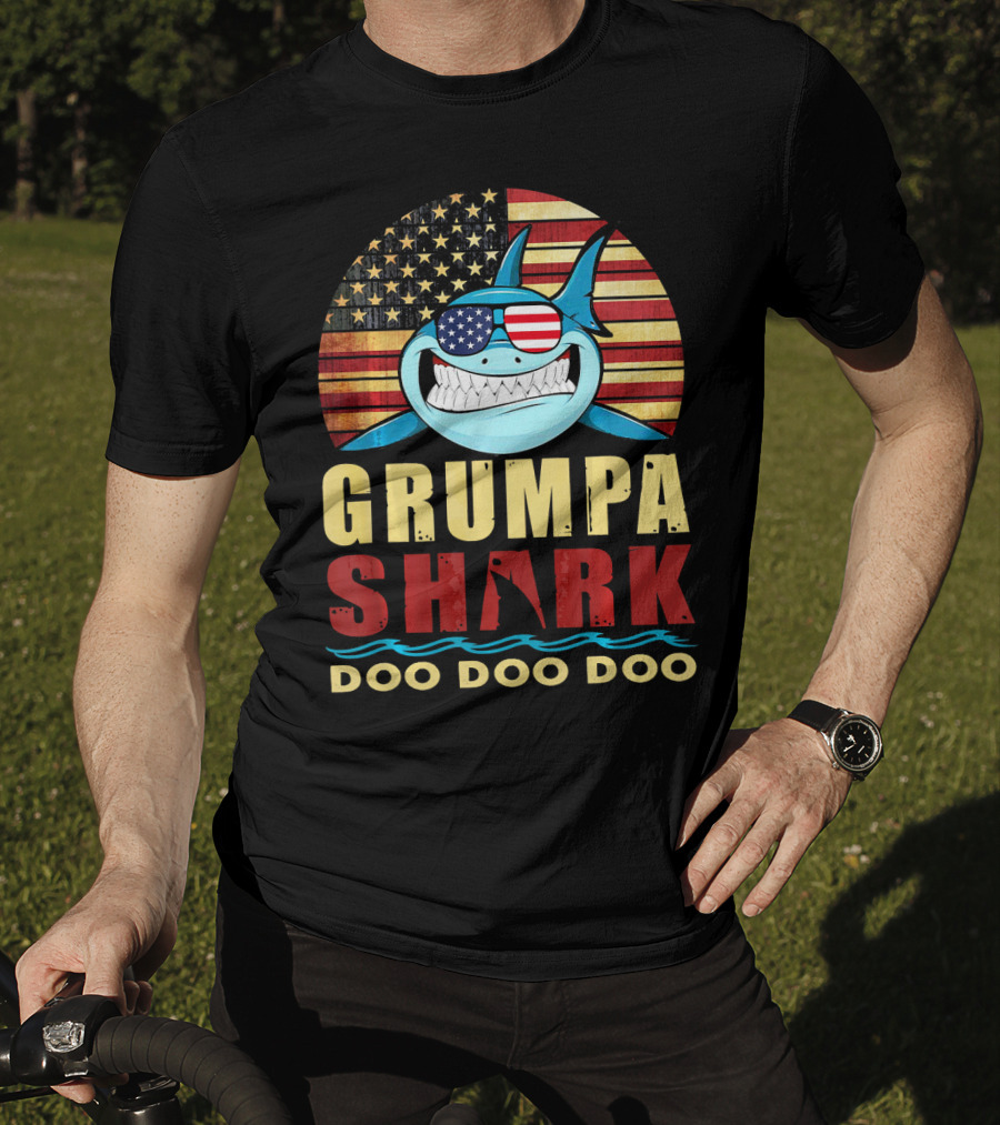 Grumpa Shark Doo Doo Doo American Flag T-Shirt