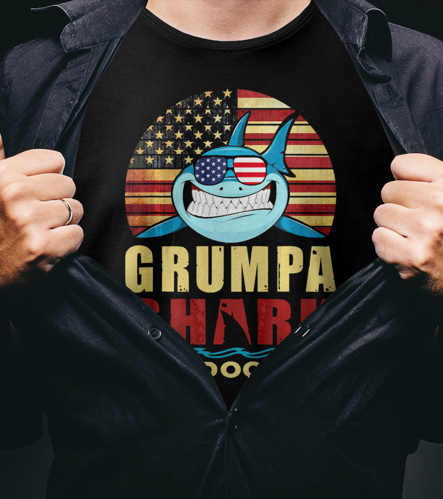 Grumpa Shark Doo Doo Doo American Flag T-Shirt