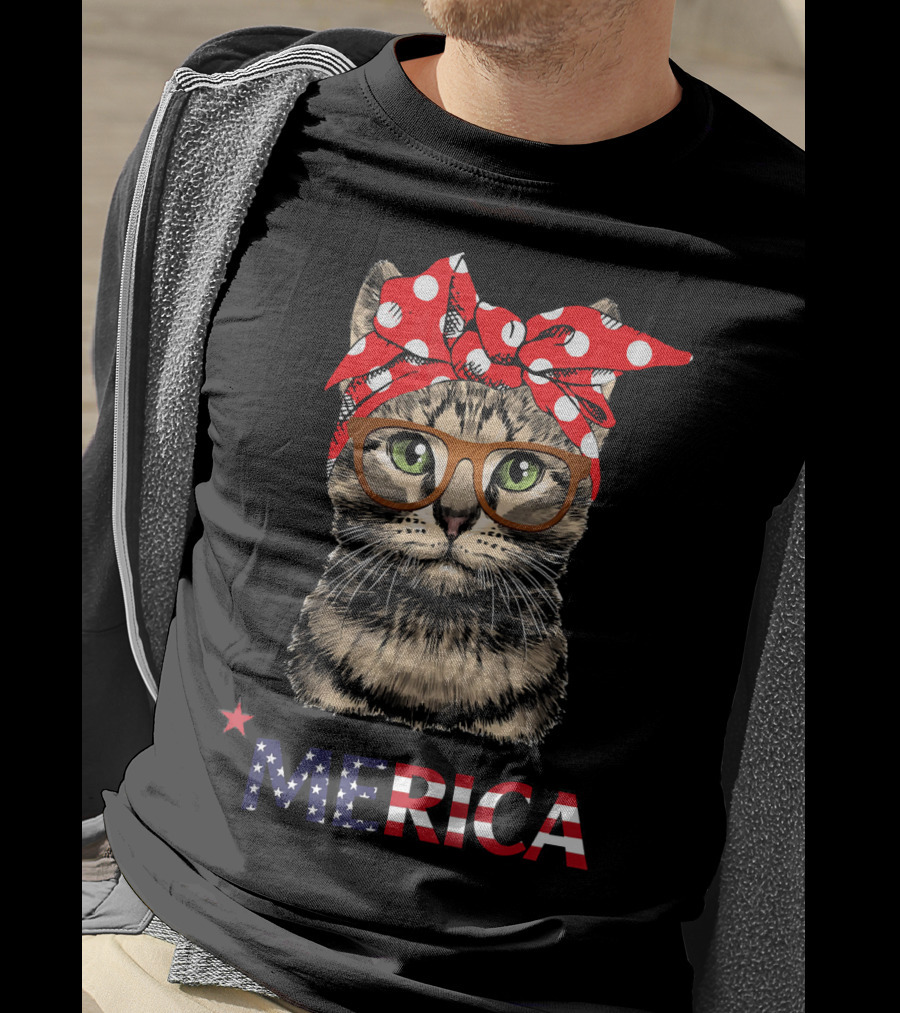 Merica Cat Red Bandana USA Flag Glasses T-Shirt