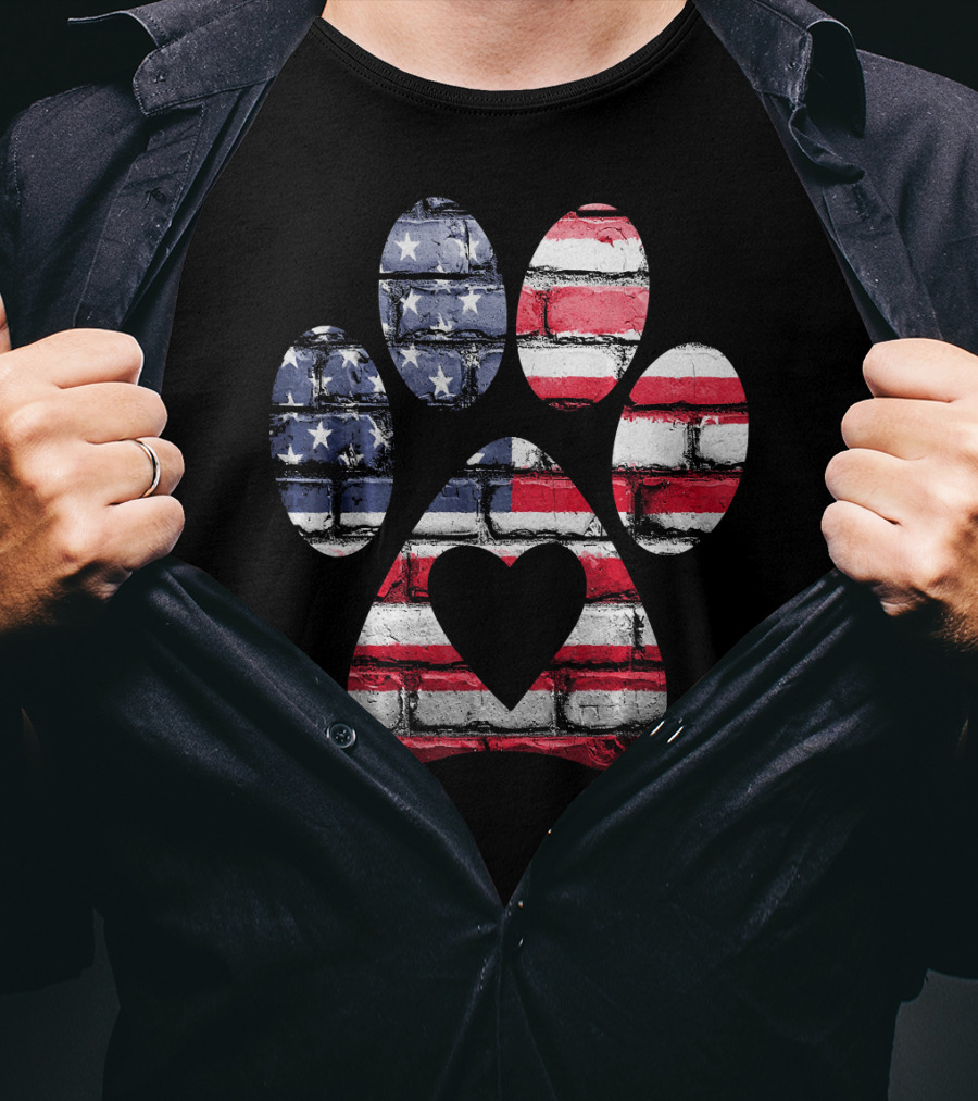 Patriotic Dog Paw With American Flag Heart T-Shirt