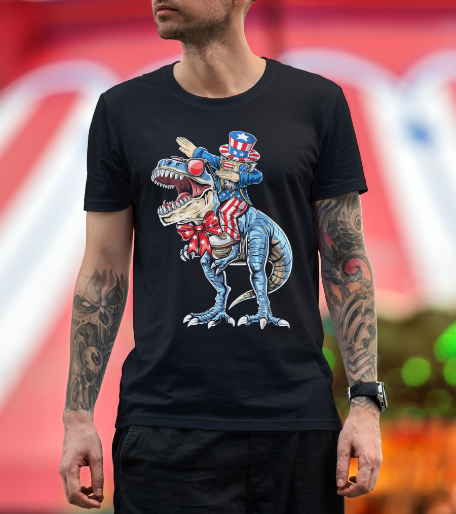 Dabbing Uncle Sam on Dinosaur with Patriotic Stars and Stripes Hat and Sunglasses T-Shirt