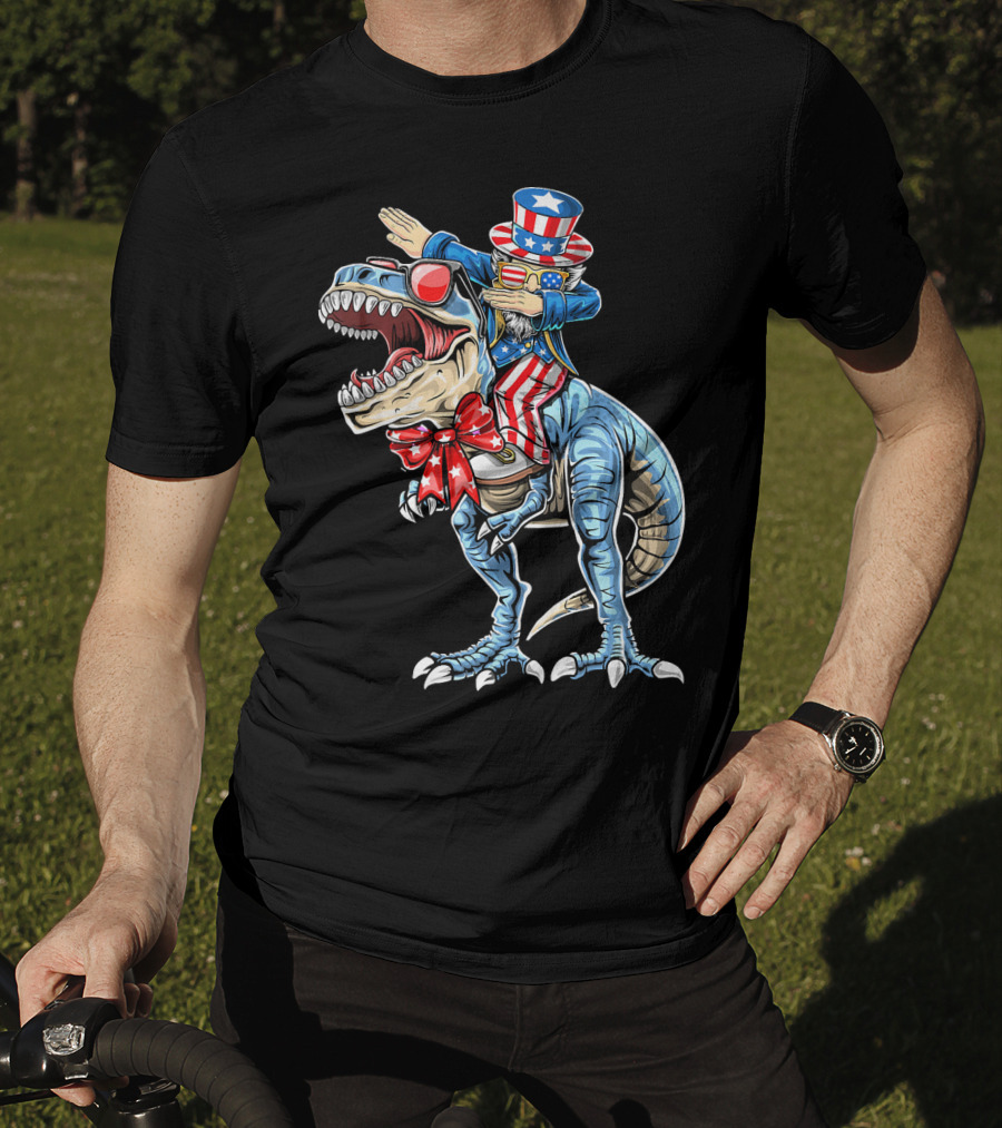 Dabbing Uncle Sam On Dinosaur With Patriotic Stars And Stripes Hat And Sunglasses T-Shirt