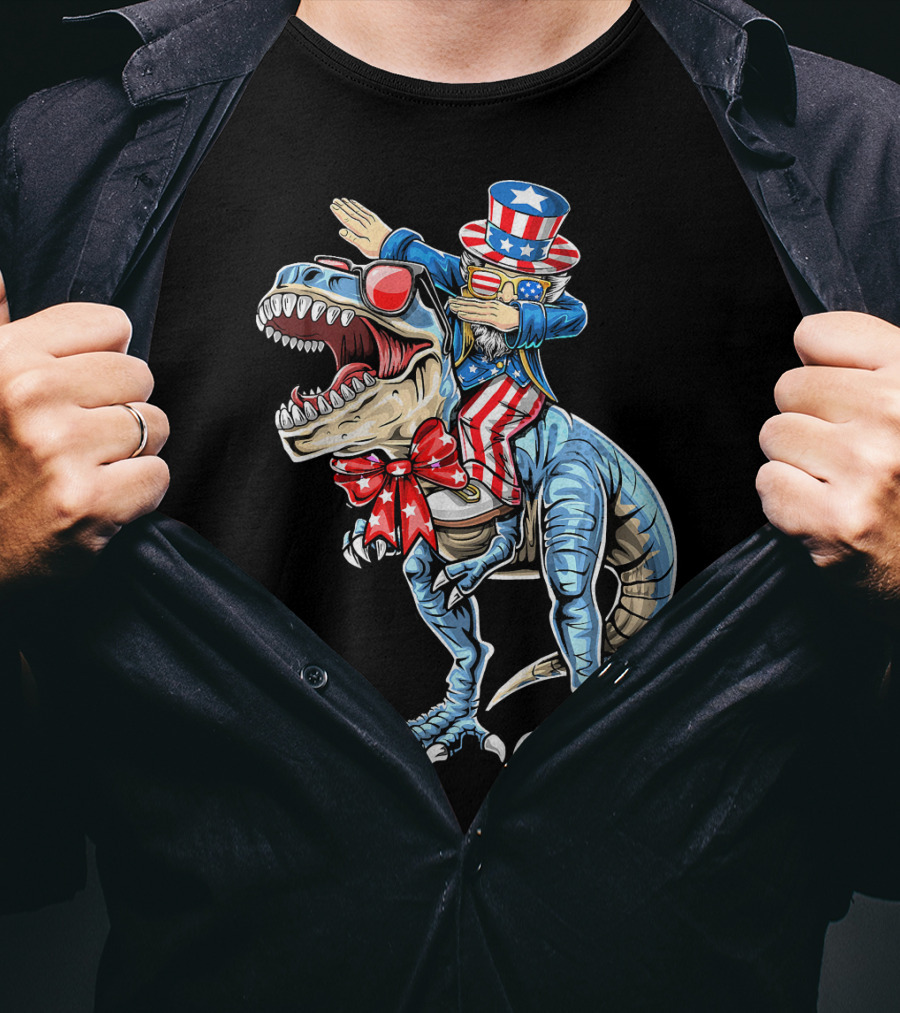 Dabbing Uncle Sam On Dinosaur With Patriotic Stars And Stripes Hat And Sunglasses T-Shirt