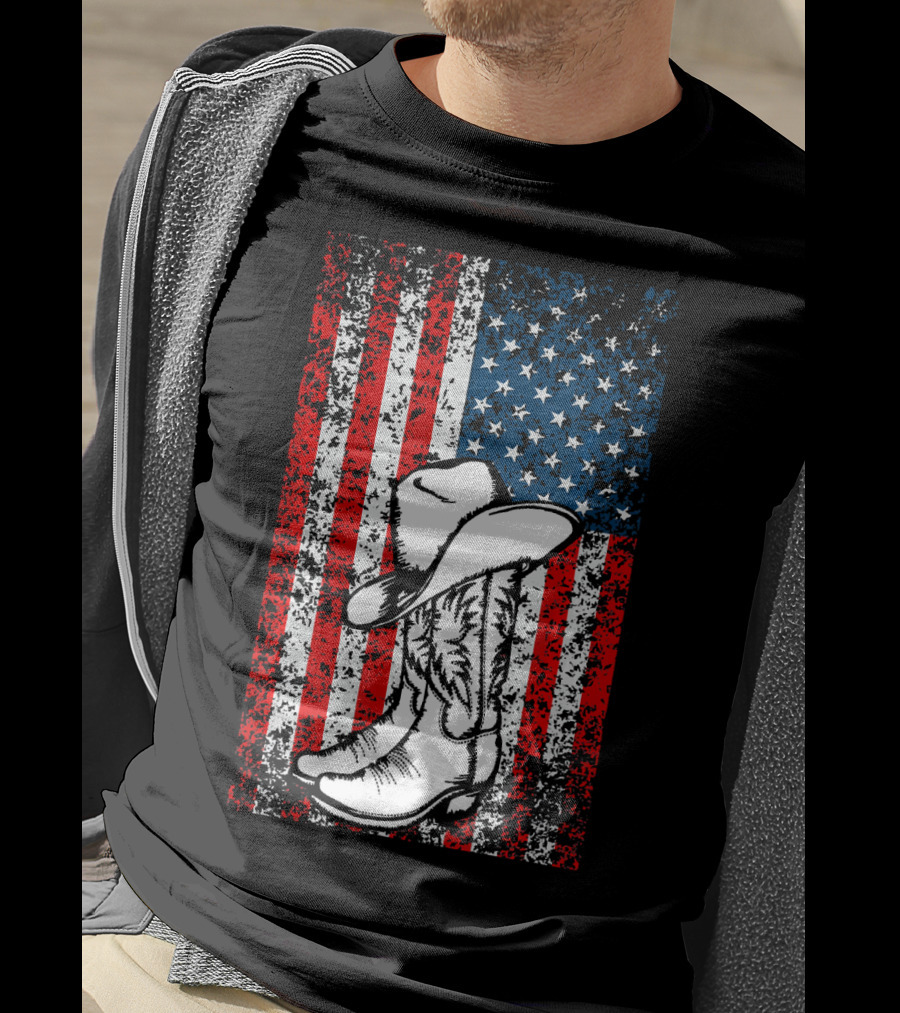 Cowboy Hat Boots American Flag Patriotic T-Shirt