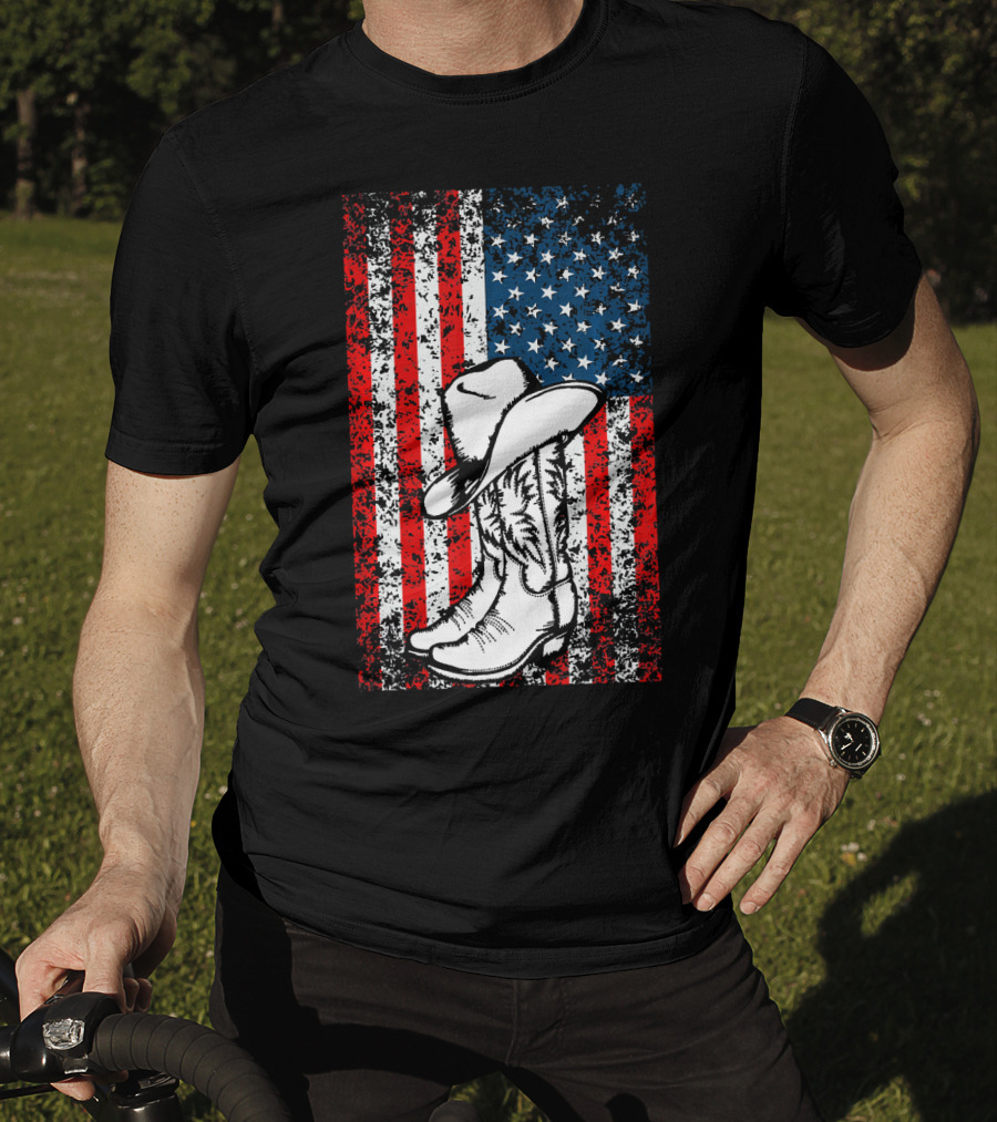 Cowboy Hat Boots American Flag Patriotic T-Shirt