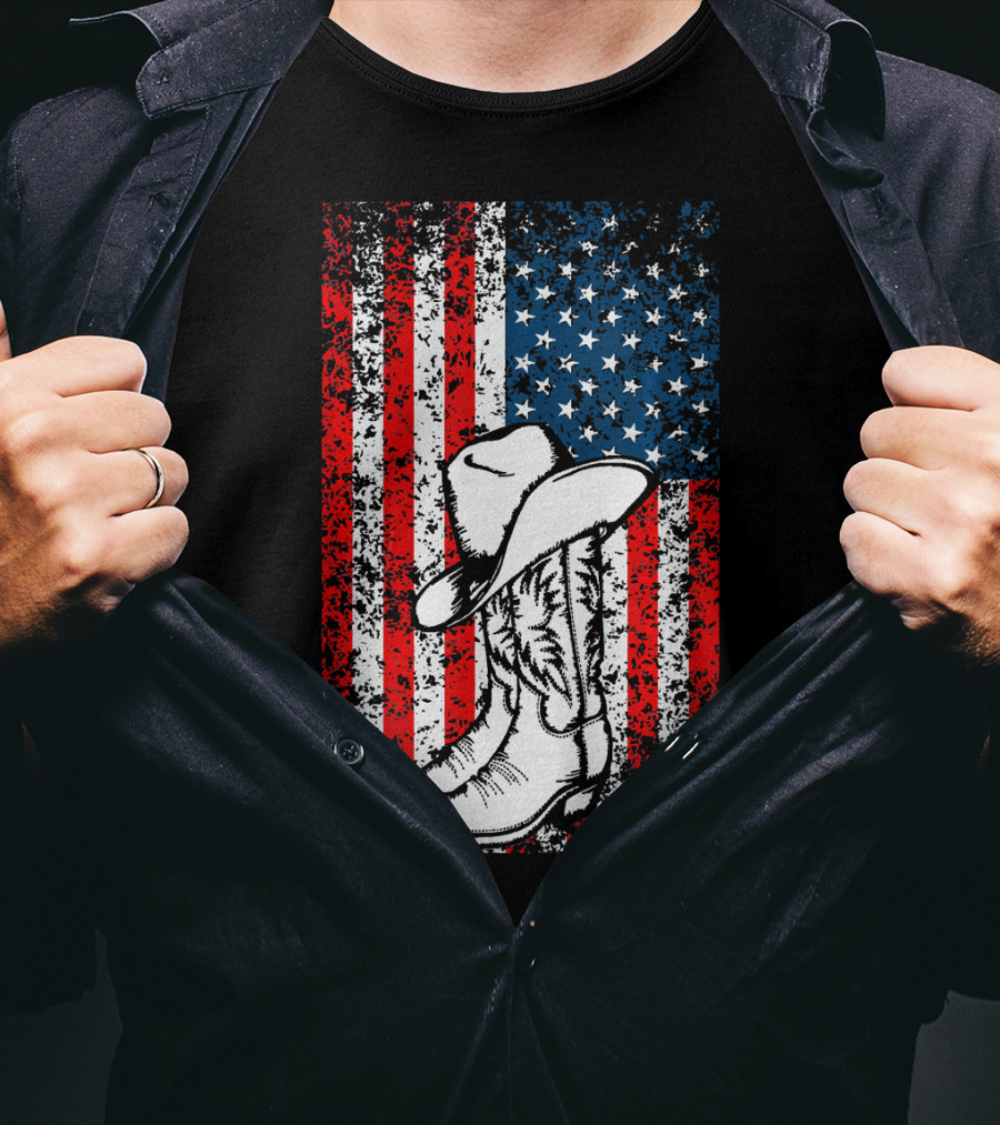 Cowboy Hat Boots American Flag Patriotic T-Shirt