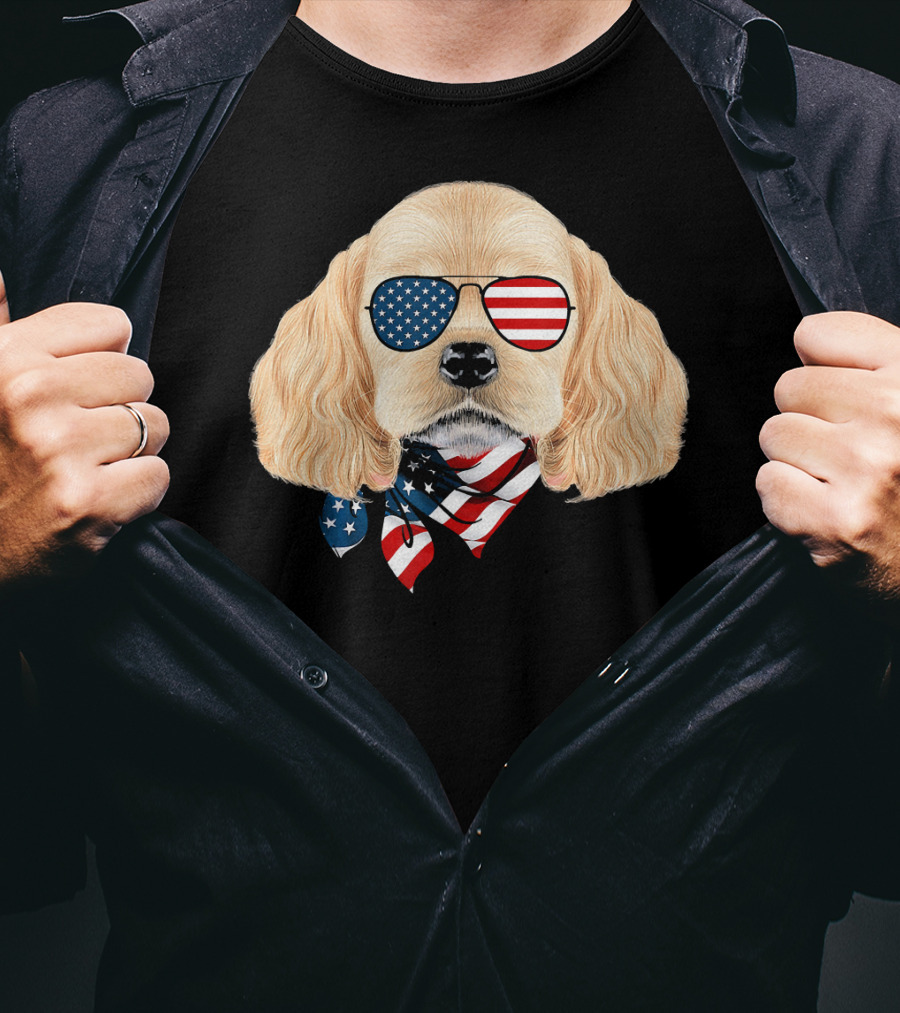 Cocker Spaniel Wearing American Flag Sunglasses And Bandana Patriotic T-Shirt