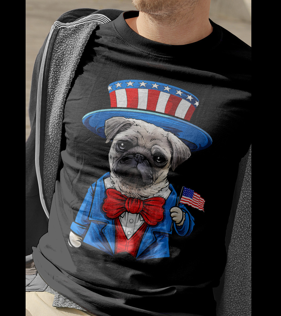 Uncle Sam Pug Holding American Flag Fourth Of July Dog Humor T-Shirt