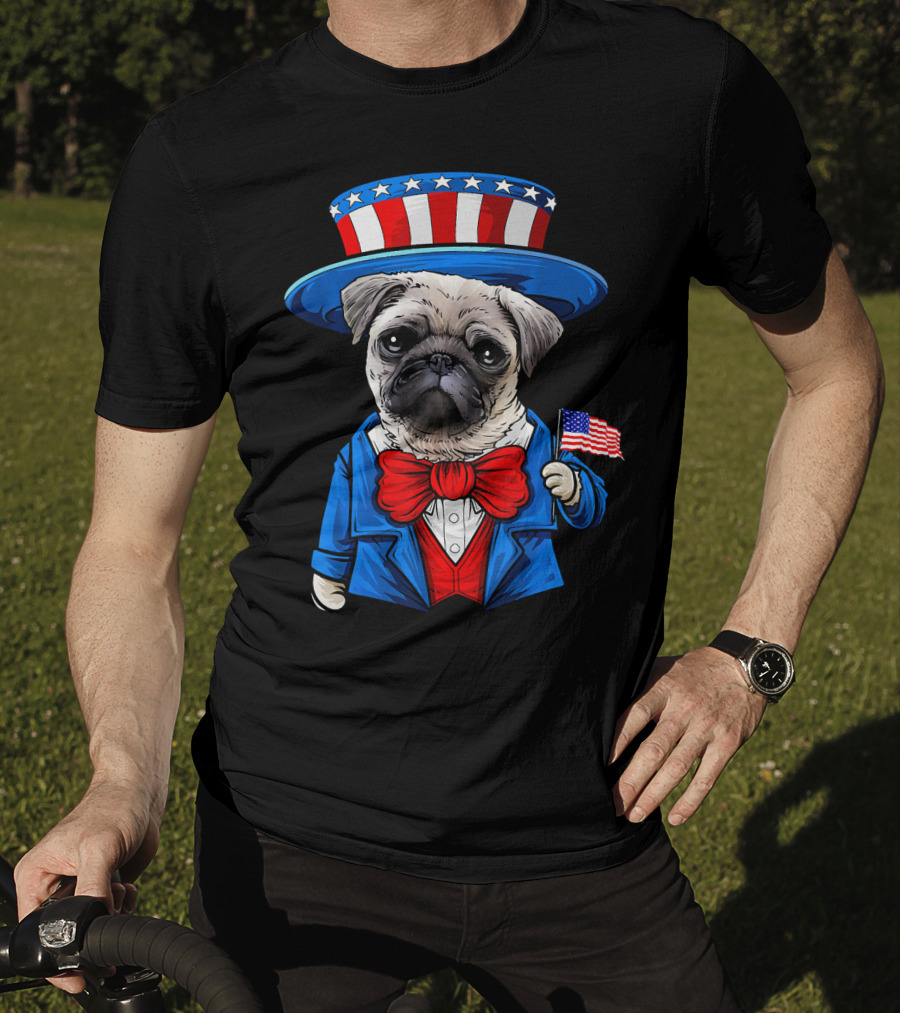Uncle Sam Pug Holding American Flag Fourth Of July Dog Humor T-Shirt