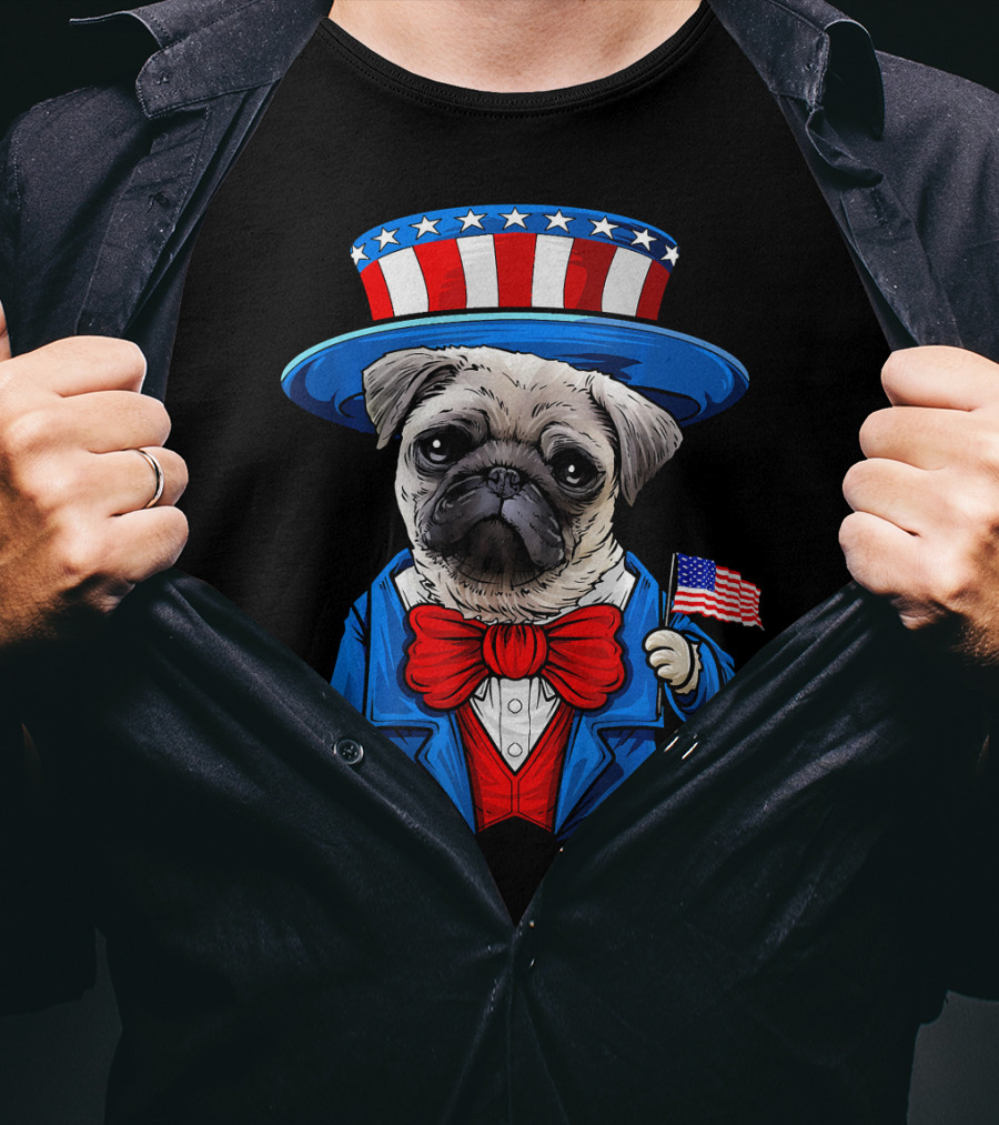 Uncle Sam Pug Holding American Flag Fourth Of July Dog Humor T-Shirt