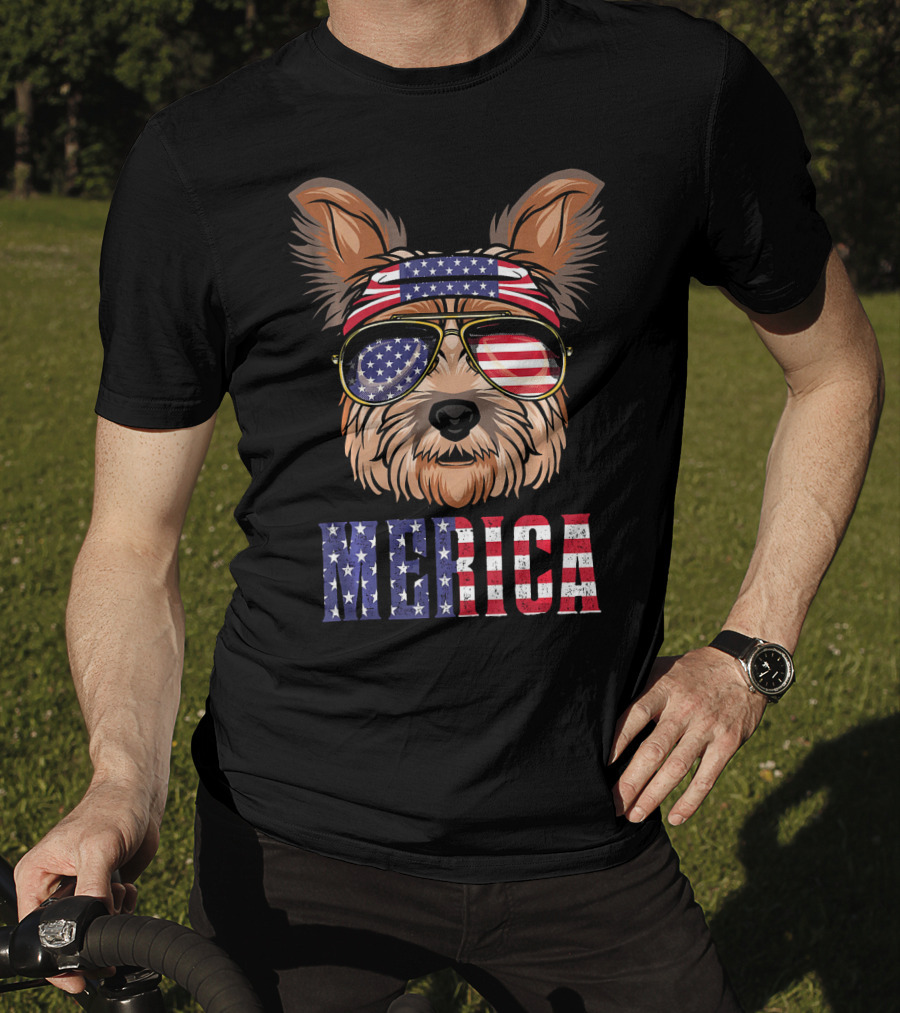 Yorkie Dog Merica American Flag Sunglasses Bandana T-Shirt