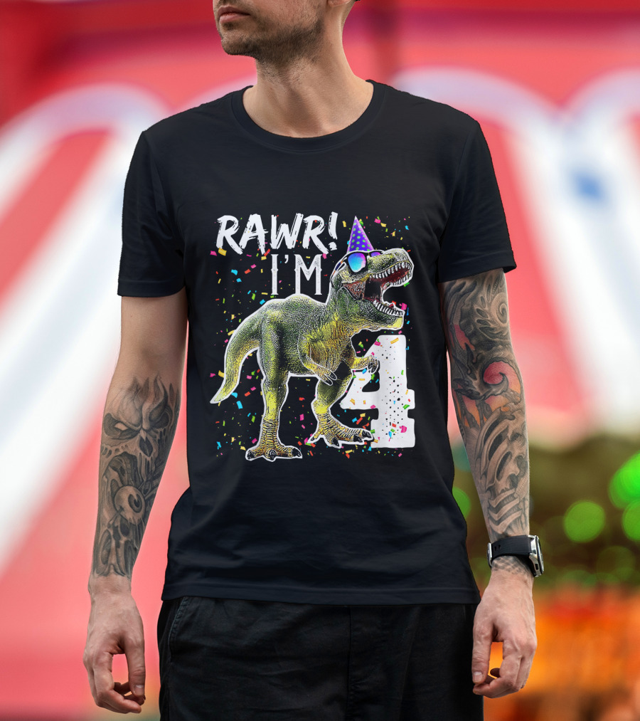 Rawr I'm 4 Dinosaur Birthday Party Hat Confetti T-Shirt