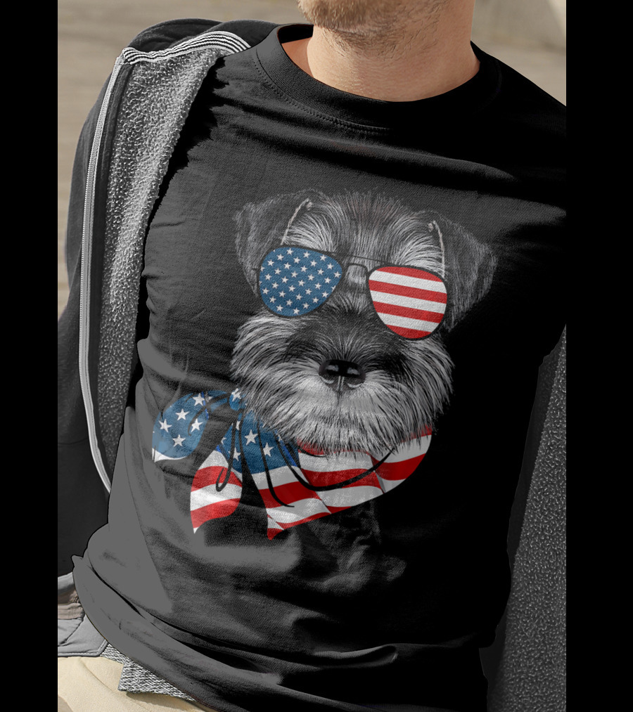 Schnauzer With American Flag Sunglasses And Scarf Patriotic T-Shirt