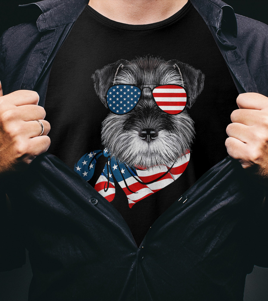 Schnauzer With American Flag Sunglasses And Scarf Patriotic T-Shirt