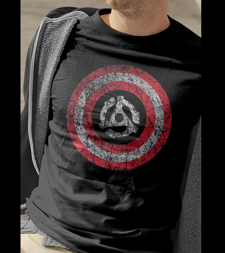 Patriotic Distressed Vinyl 45 RPM Adapter Red White Stripes T-Shirt