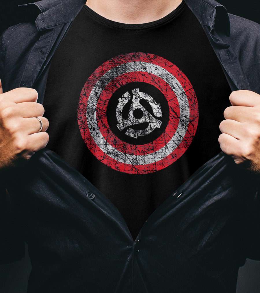 Patriotic Distressed Vinyl 45 RPM Adapter Red White Stripes T-Shirt