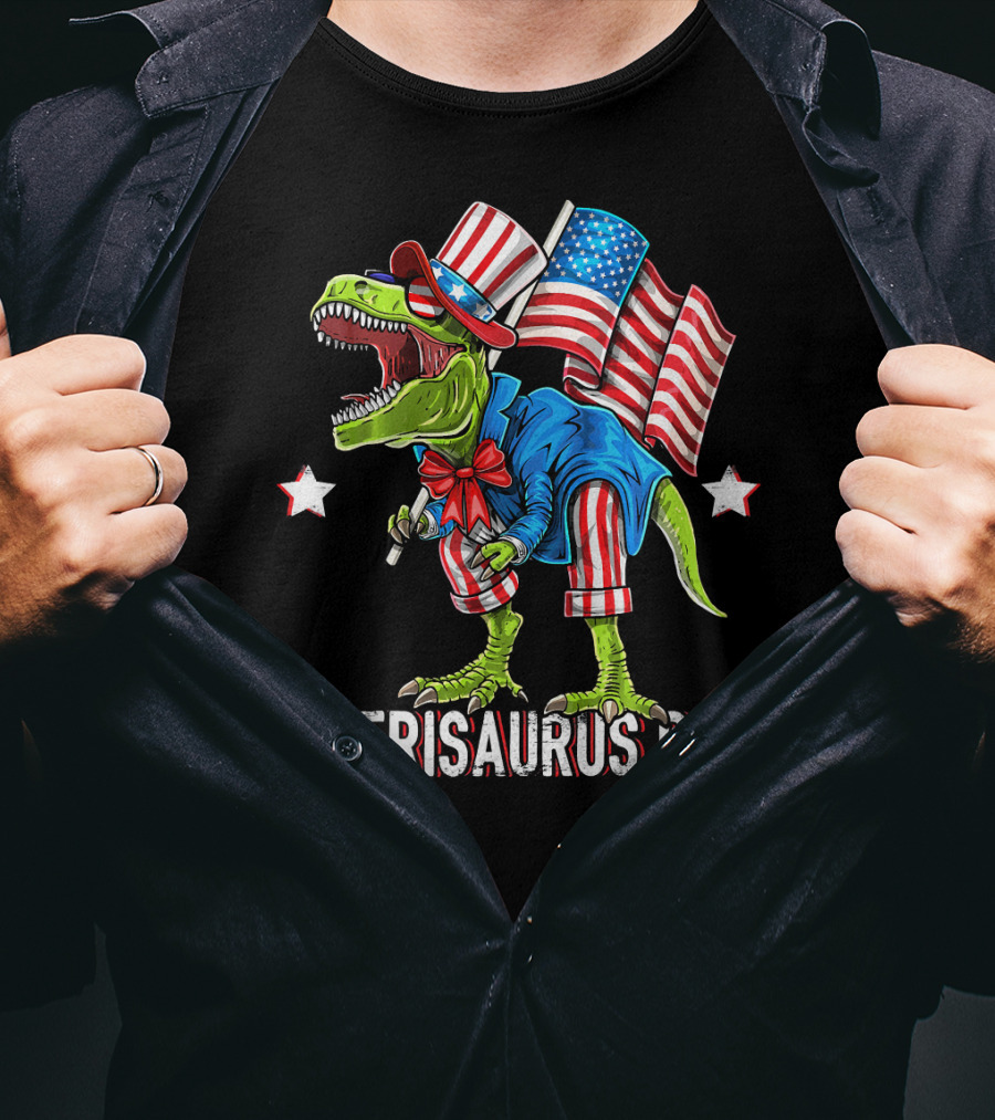 Amerisaurus Rex Dinosaur Uncle Sam Costume Fourth Of July Patriotic T-Rex T-Shirt