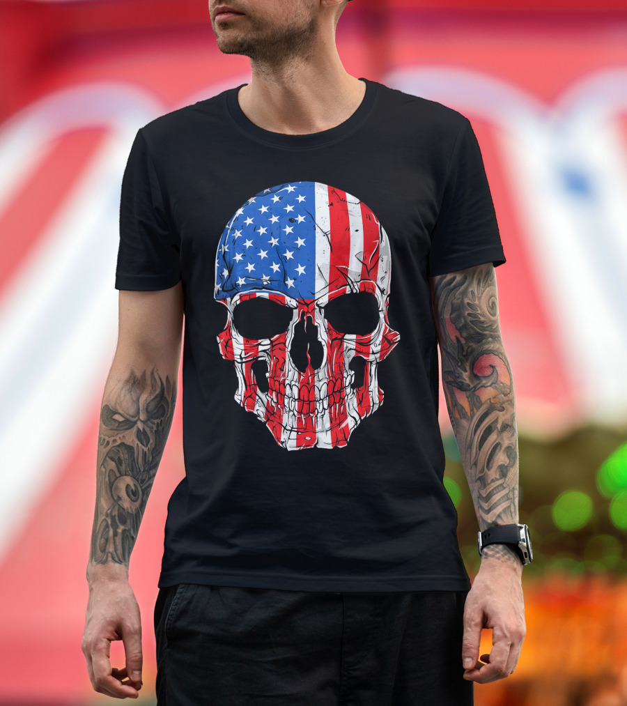 Skull Patriotic Stars and Stripes American Flag 4th of July T-Shirt