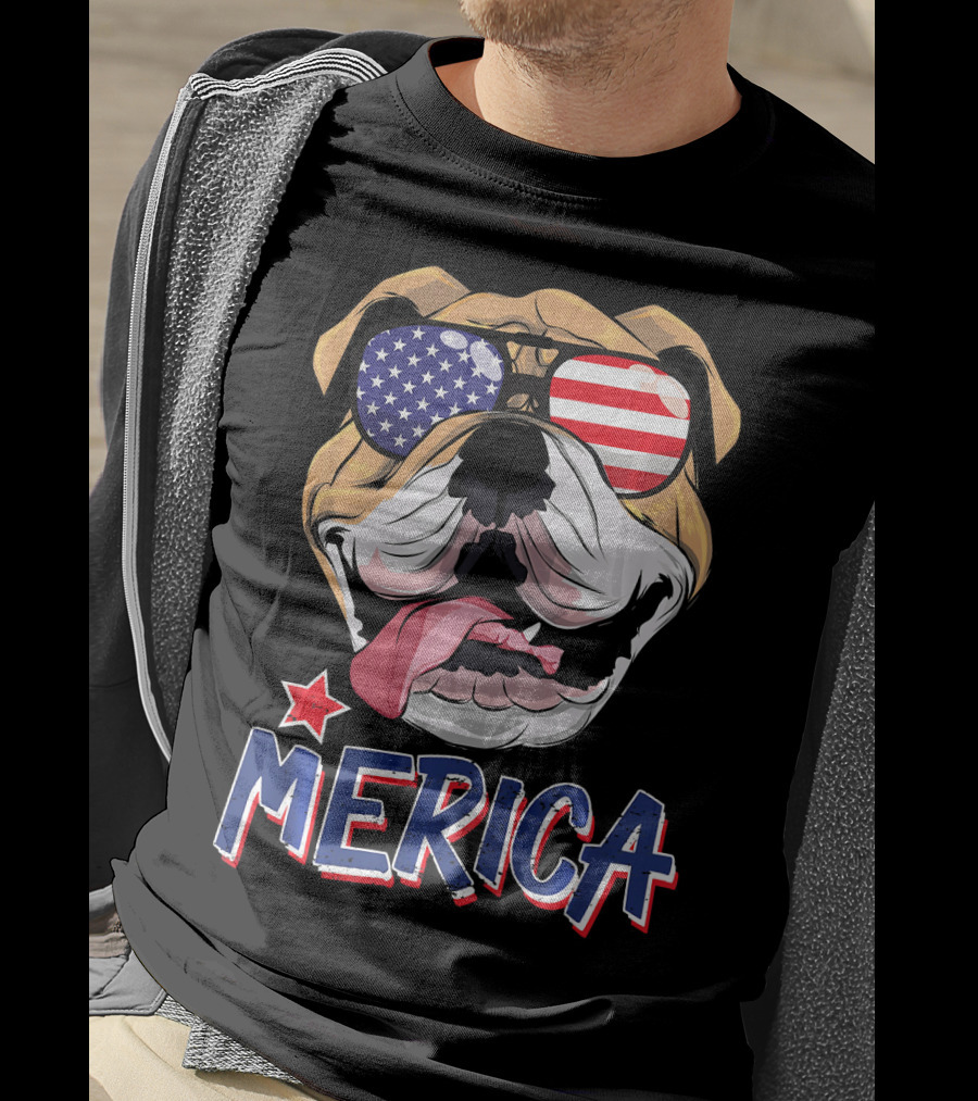 English Bulldog Merica Sunglasses Fourth Of July T-Shirt