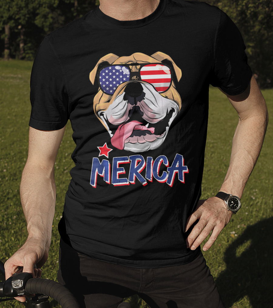 English Bulldog Merica Sunglasses Fourth Of July T-Shirt
