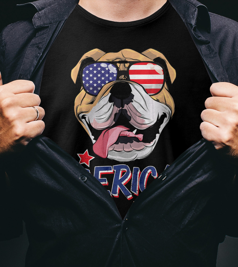 English Bulldog Merica Sunglasses Fourth Of July T-Shirt