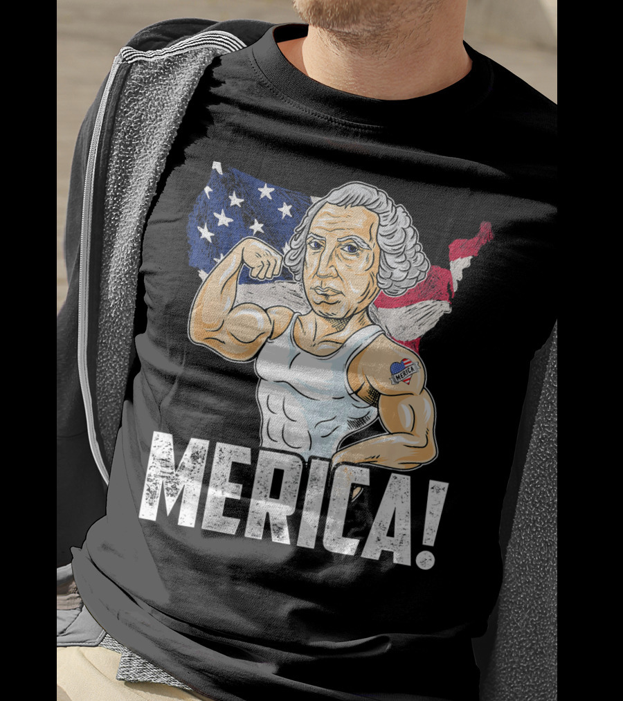 George Washington Muscles Merica USA Flag Background T-Shirt