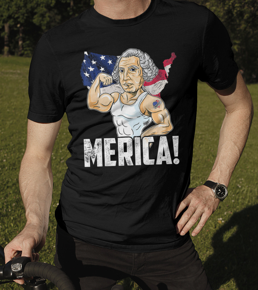 George Washington Muscles Merica USA Flag Background T-Shirt