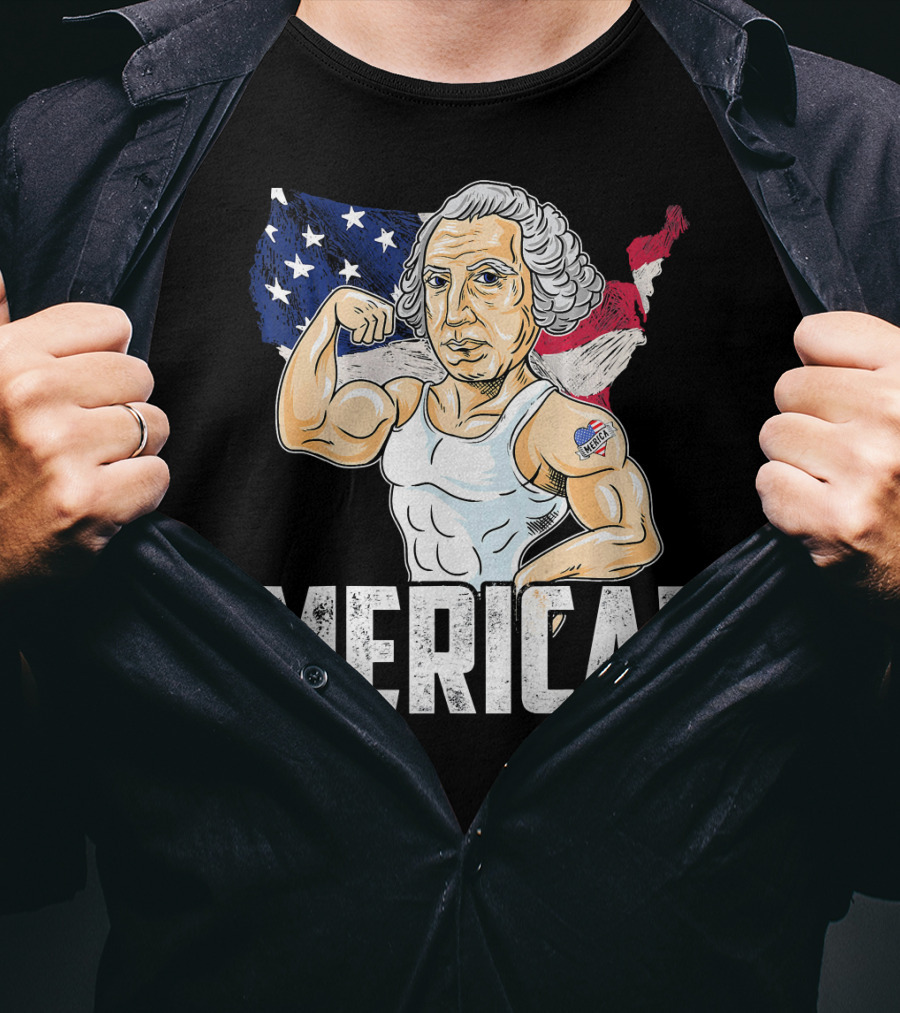 George Washington Muscles Merica USA Flag Background T-Shirt