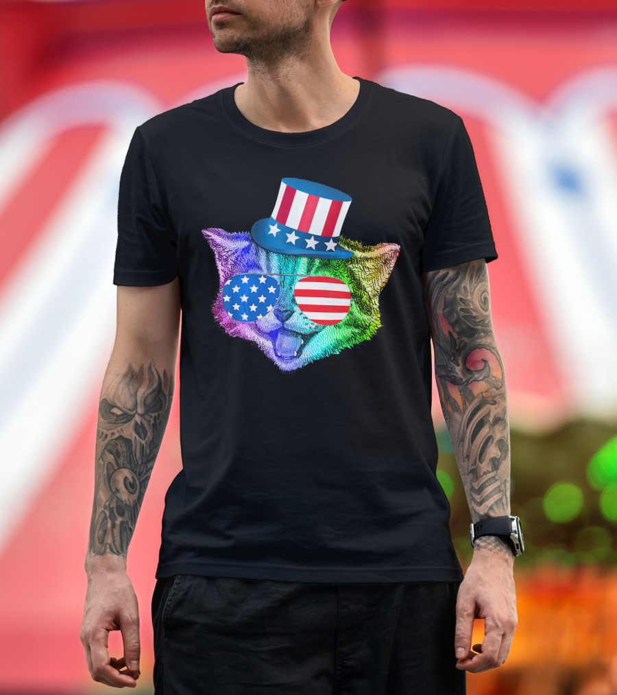Funny Rainbow Feline Cat Patriotic 4th of July American Flag Hat Glasses T-Shirt