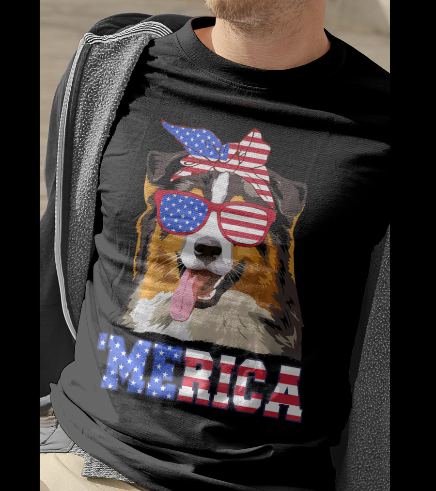 Aussie Dog Mom 'Merica American Flag Sunglasses And Bandana T-Shirt