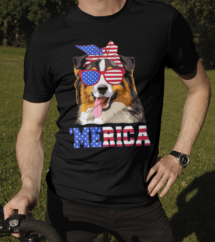Aussie Dog Mom 'Merica American Flag Sunglasses And Bandana T-Shirt
