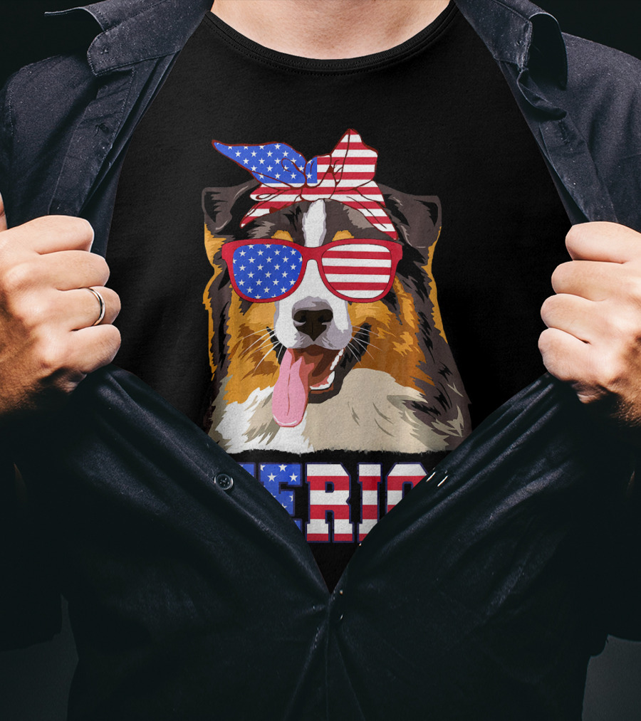 Aussie Dog Mom 'Merica American Flag Sunglasses And Bandana T-Shirt