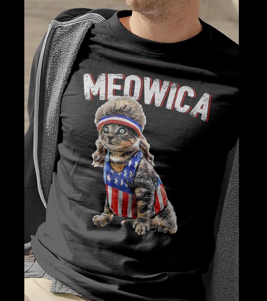 Meowica Cat Mullet American Flag Headband Stars And Stripes Tank Top T-Shirt
