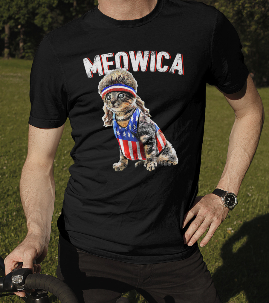 Meowica Cat Mullet American Flag Headband Stars And Stripes Tank Top T-Shirt