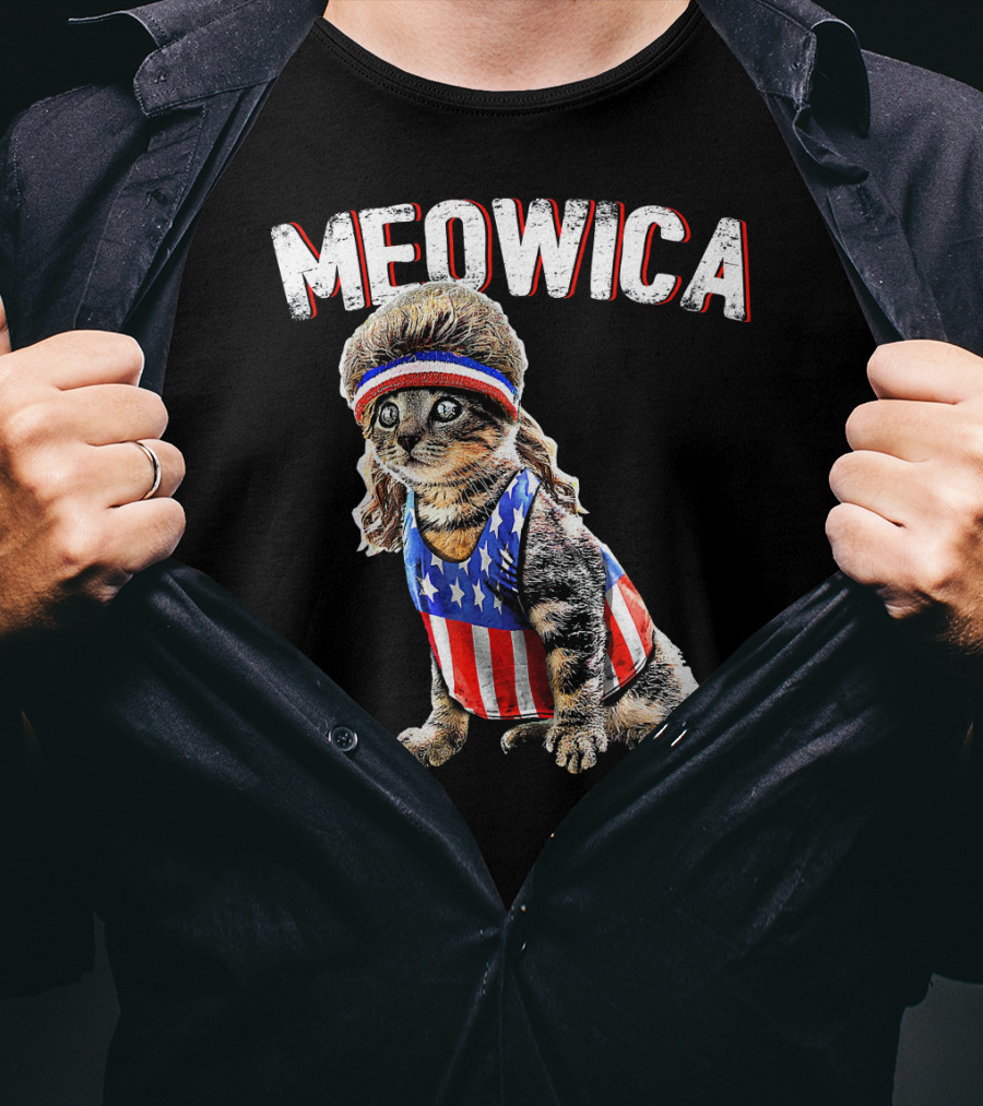 Meowica Cat Mullet American Flag Headband Stars And Stripes Tank Top T-Shirt