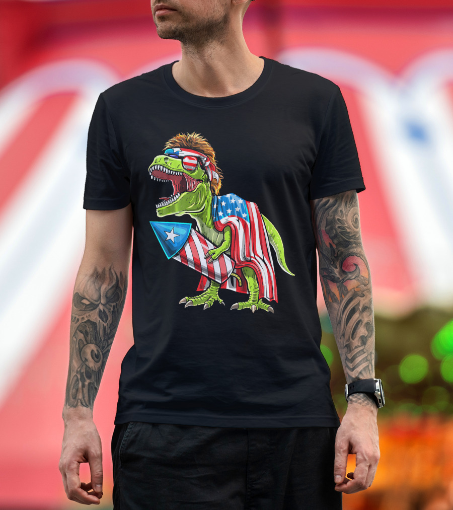 Dinosaur with Mullet Holding American Flag Rocket for 4th of July T-Shirt
