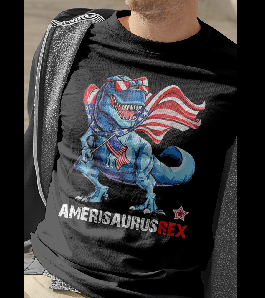 Amerisaurus Rex Patriotic Dinosaur With USA Flag And Stars T-Shirt